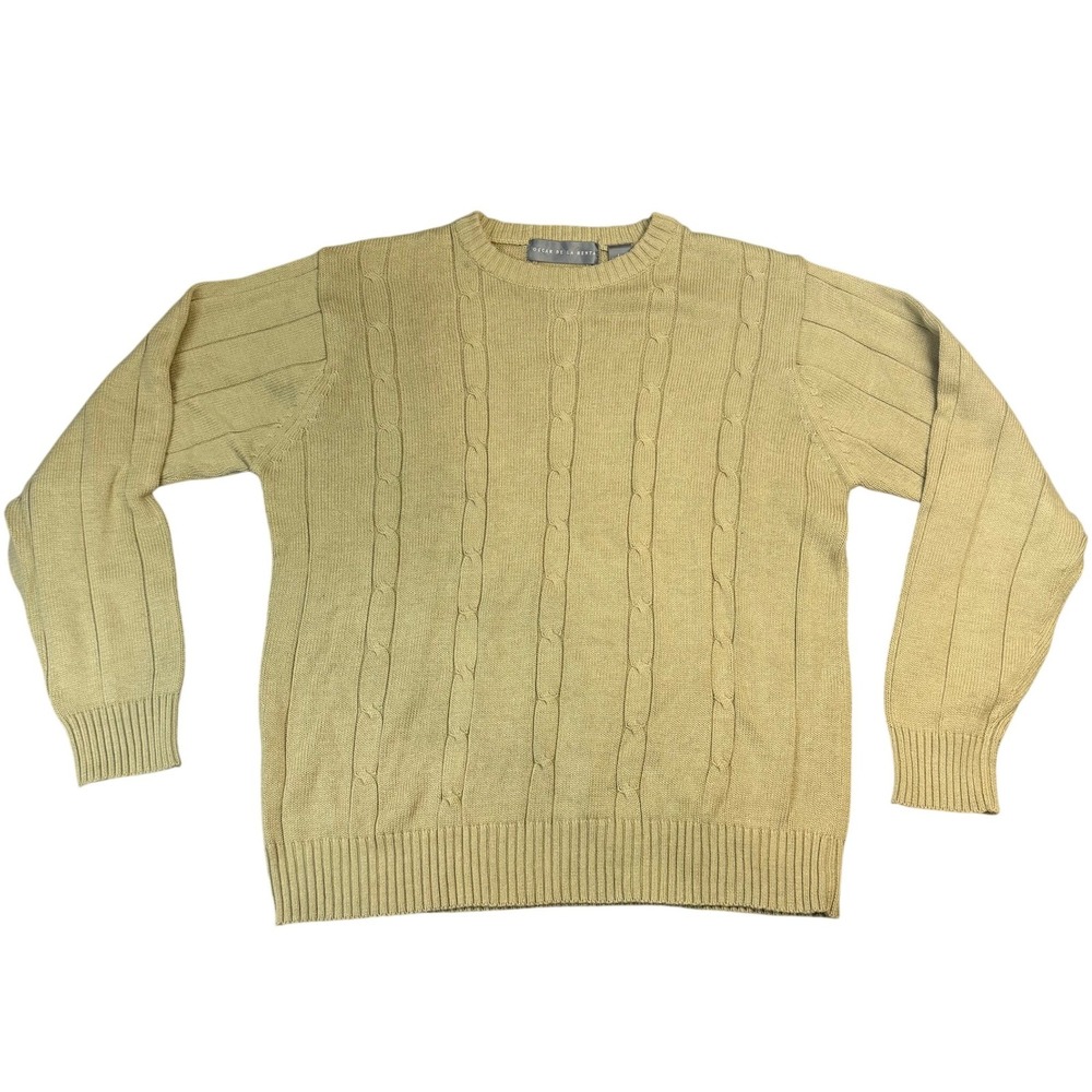 Oscar de la Renta Mens Large Cotton Cable Knit Crewneck Sweater Ribbed